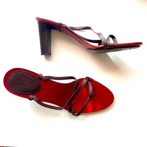 Gucci Red Wood, Brown Leather Strappy 4” Heeled Sandals 10 Italy Vintage Classic
